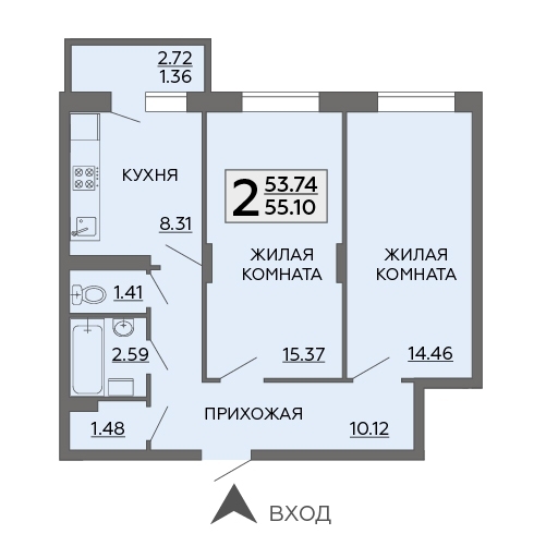 2-комнатная квартира, 55 кв.м.