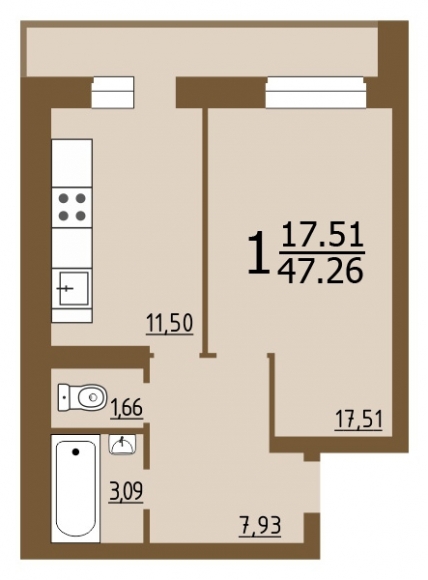 1-комнатная квартира, 47 кв.м.