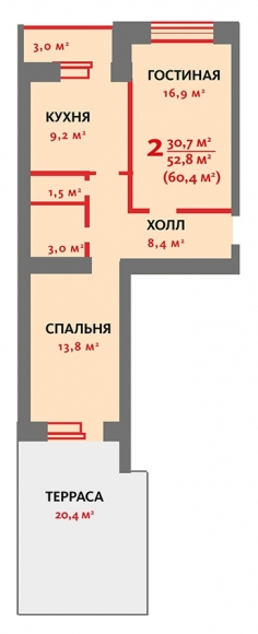 2-комнатная квартира, 59 кв.м.