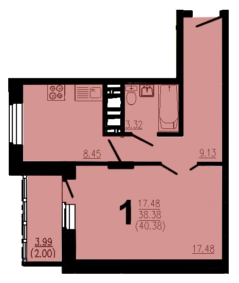 1-комнатная квартира, 40 кв.м.