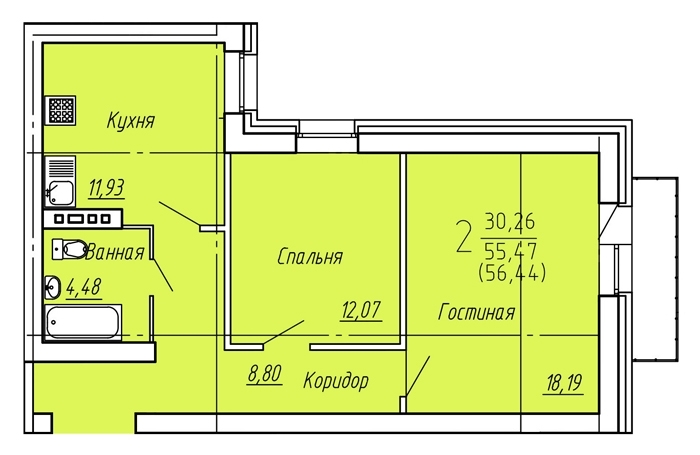 2-комнатная квартира, 56 кв.м.