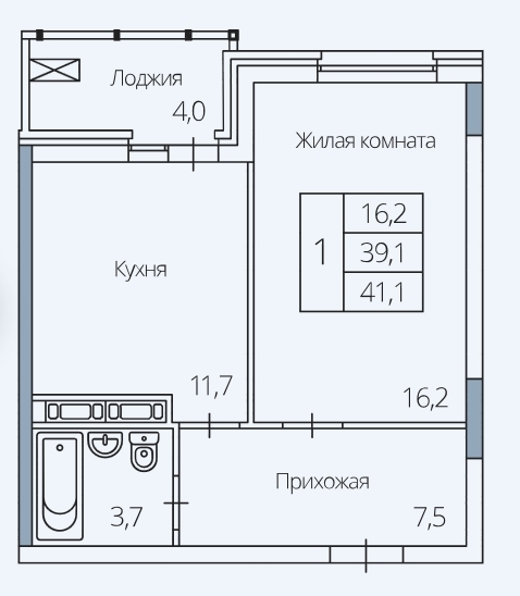 1-комнатная квартира, 41 кв.м.