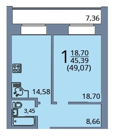 1-комнатная квартира, 49 кв.м.