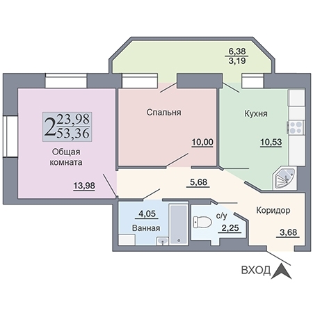 2-комнатная квартира, 53 кв.м.