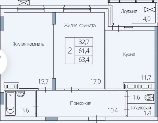 2-комнатная квартира, 63 кв.м.