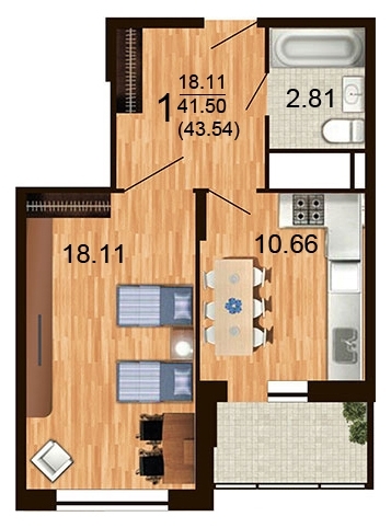 1-комнатная квартира, 44 кв.м.