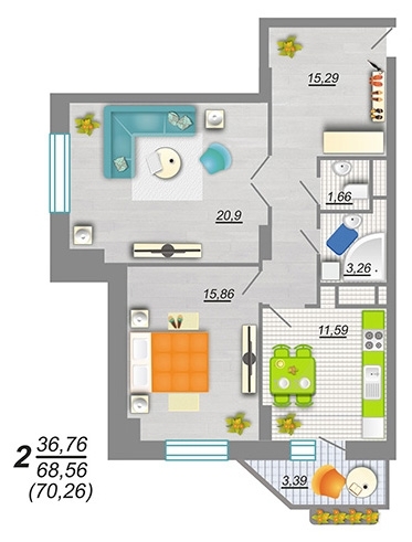 2-комнатная квартира, 70 кв.м.