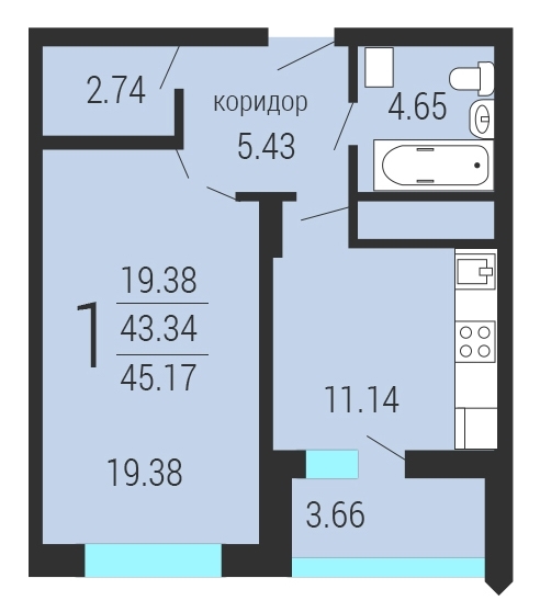 1-комнатная квартира, 45 кв.м.