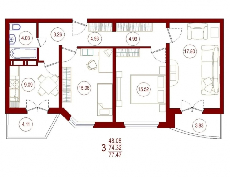 3-комнатная квартира, 77 кв.м.