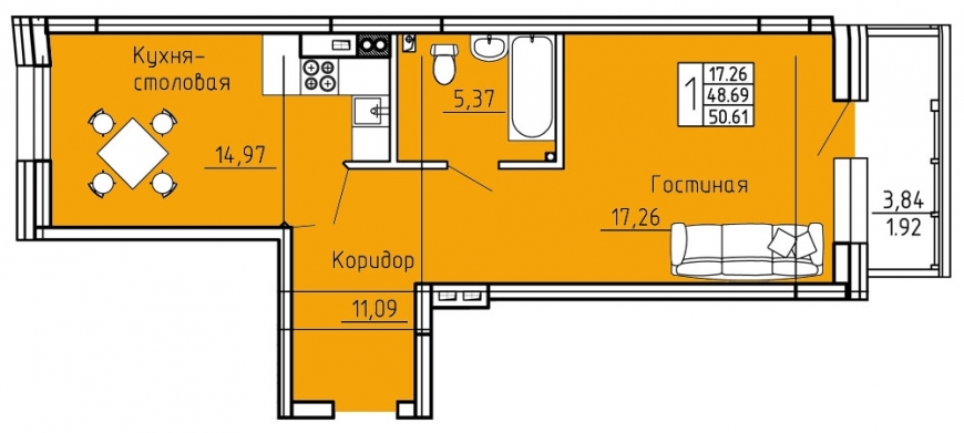 1-комнатная квартира, 51 кв.м.