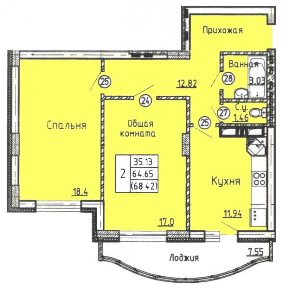 2-комнатная квартира, 68 кв.м.