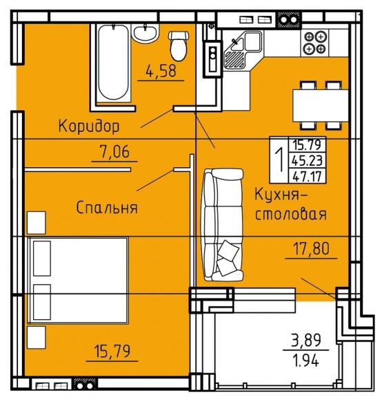 1-комнатная квартира, 47 кв.м.