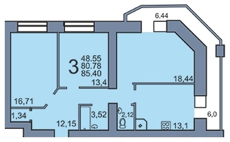 3-комнатная квартира, 85 кв.м.