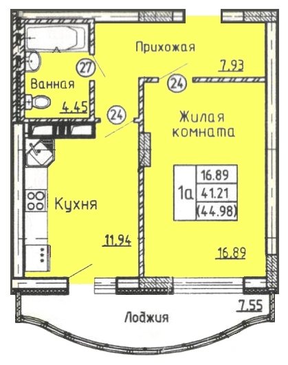 1-комнатная квартира, 45 кв.м.