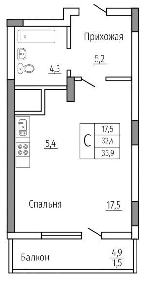 Квартира-студия, 34 кв.м.