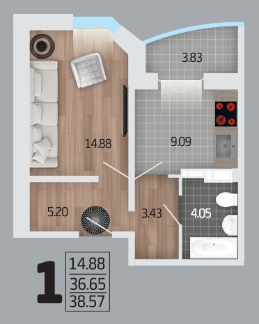 1-комнатная квартира, 39 кв.м.