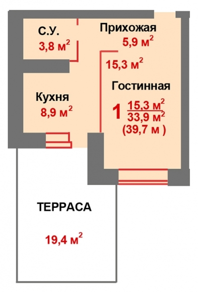 1-комнатная квартира, 35 кв.м.