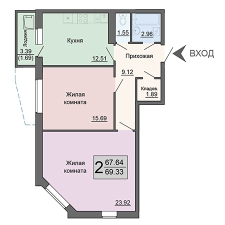 2-комнатная квартира, 69 кв.м.