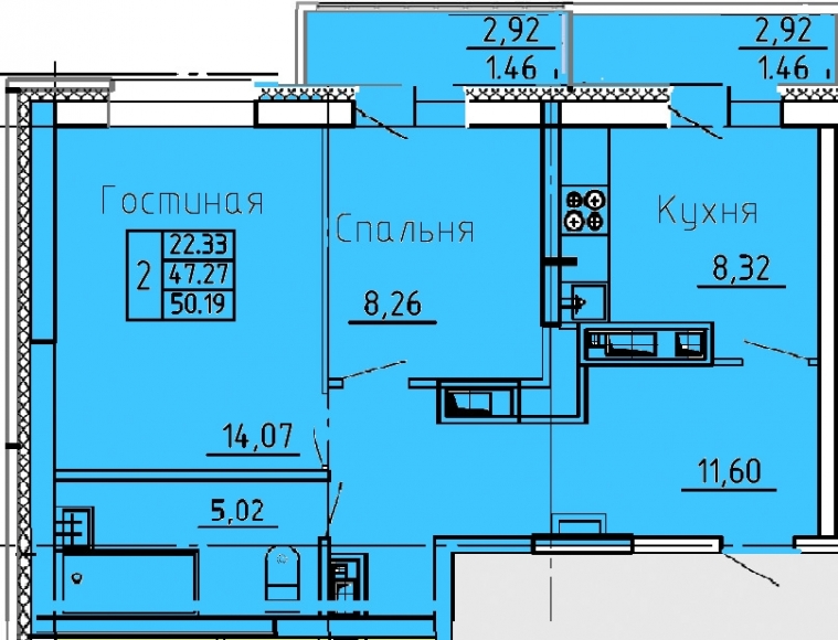 2-комнатная квартира, 50 кв.м.