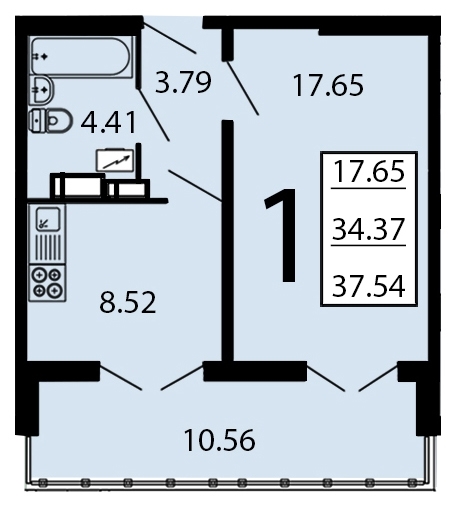 1-комнатная квартира, 38 кв.м.