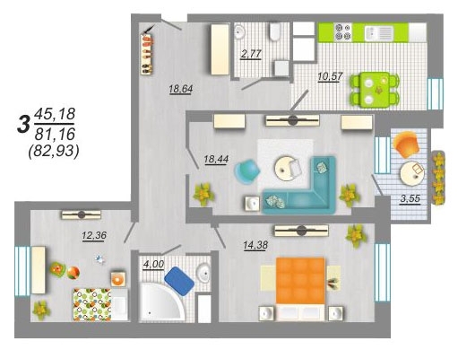 3-комнатная квартира, 86 кв.м.