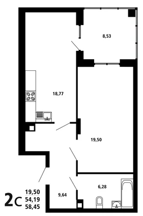 2-комнатная квартира, 58 кв.м.