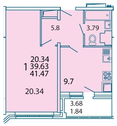 1-комнатная квартира, 42 кв.м.