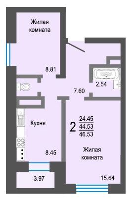 2-комнатная квартира, 47 кв.м.