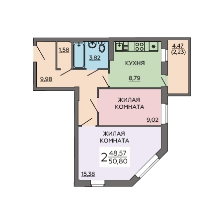 2-комнатная квартира, 51 кв.м.