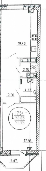1-комнатная квартира, 53 кв.м.