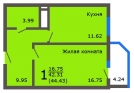 1-комнатная квартира, 45 кв.м.