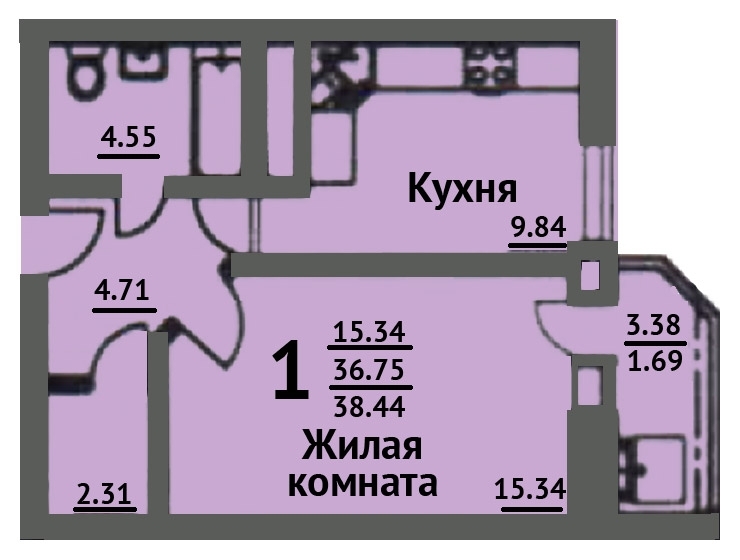 1-комнатная квартира, 38 кв.м.