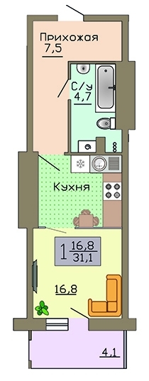 Квартира-студия, 31 кв.м.