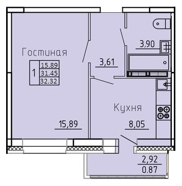 1-комнатная квартира, 32 кв.м.