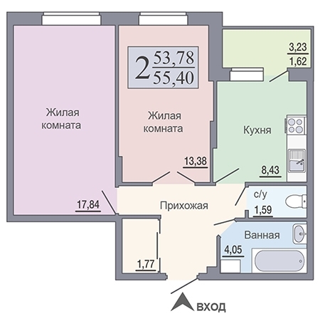 2-комнатная квартира, 55 кв.м.