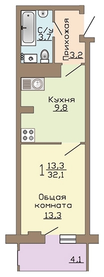 Квартира-студия, 32 кв.м.
