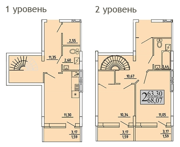 Двухуровневая квартира, 68 кв.м.