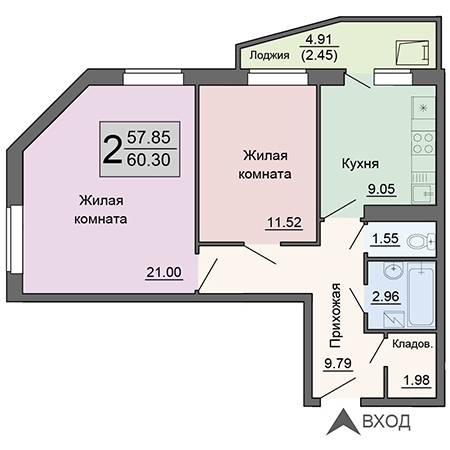 2-комнатная квартира, 60 кв.м.