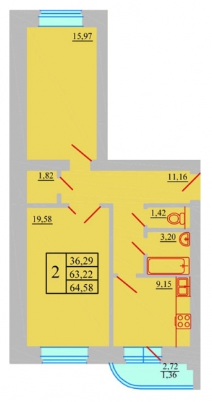 2-комнатная квартира, 65 кв.м.