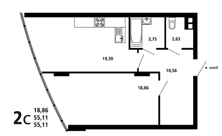 2-комнатная квартира, 55 кв.м.