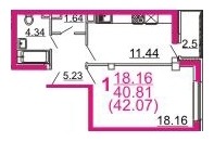 1-комнатная квартира, 42 кв.м.