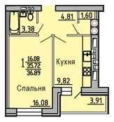 1-комнатная квартира, 37 кв.м.