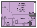 1-комнатная квартира, 42 кв.м.