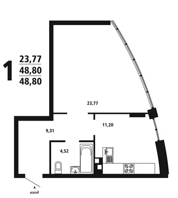 1-комнатная квартира, 49 кв.м.