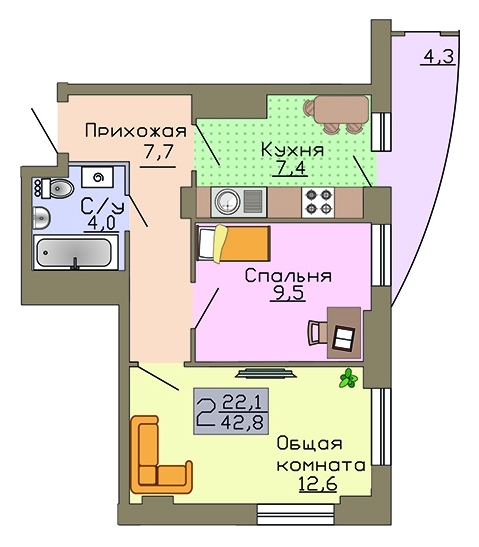 2-комнатная квартира, 43 кв.м.