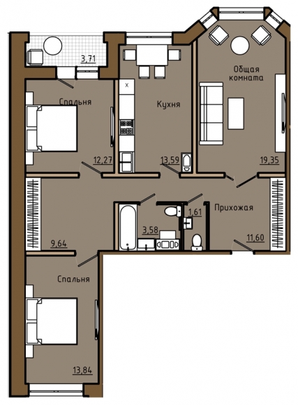 3-комнатная квартира, 89 кв.м.