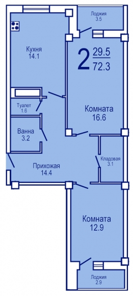 2-комнатная квартира, 72 кв.м.