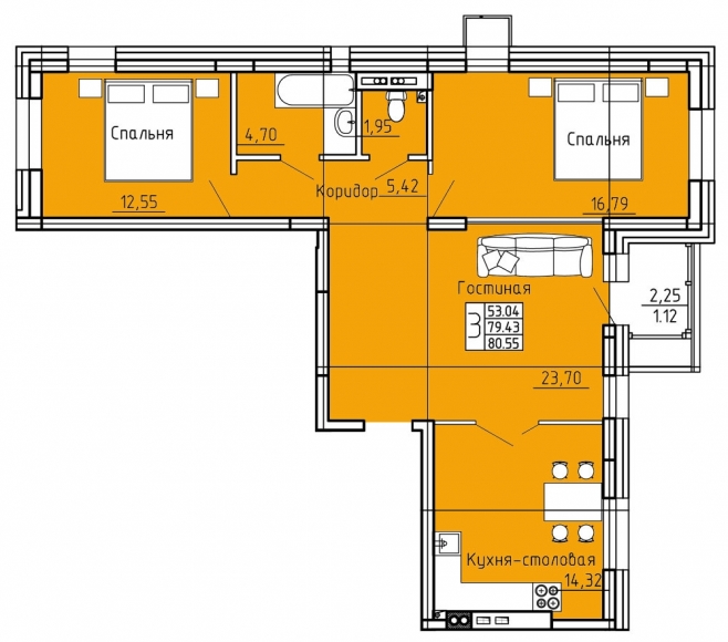 3-комнатная квартира, 81 кв.м.