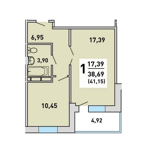 1-комнатная квартира, 41 кв.м.