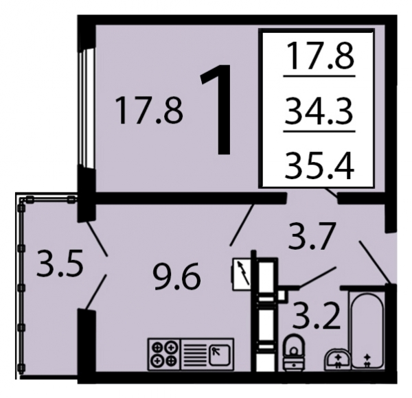 1-комнатная квартира, 35 кв.м.